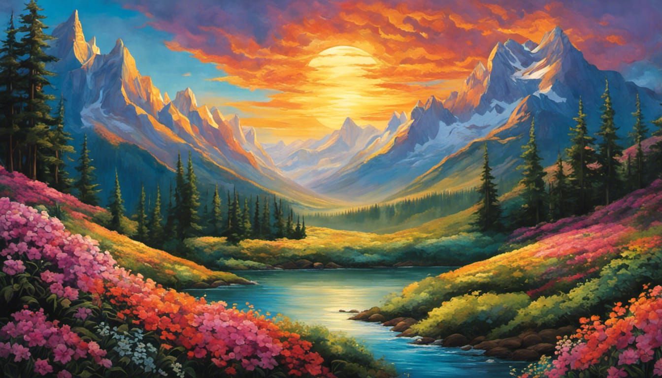 Spectacular Mountain Landscape Painting with Waterfalls and ...