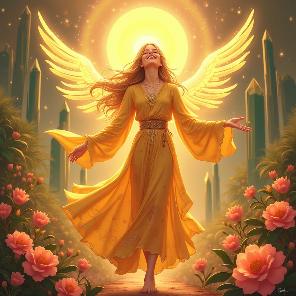 Radiant Deity of Joy in Whimsical Art Nouveau Style