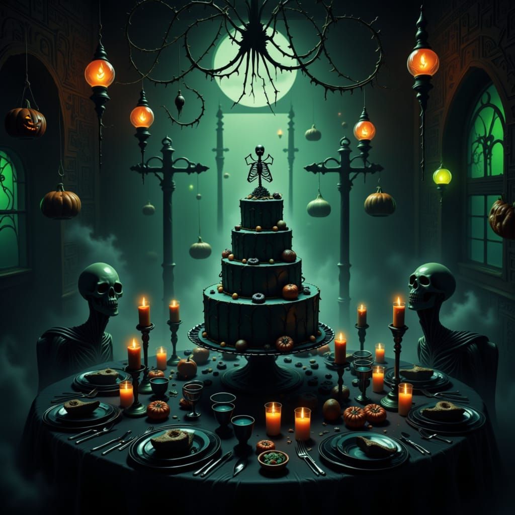 Gothic Birthday Party Scene with Eerie Decorations