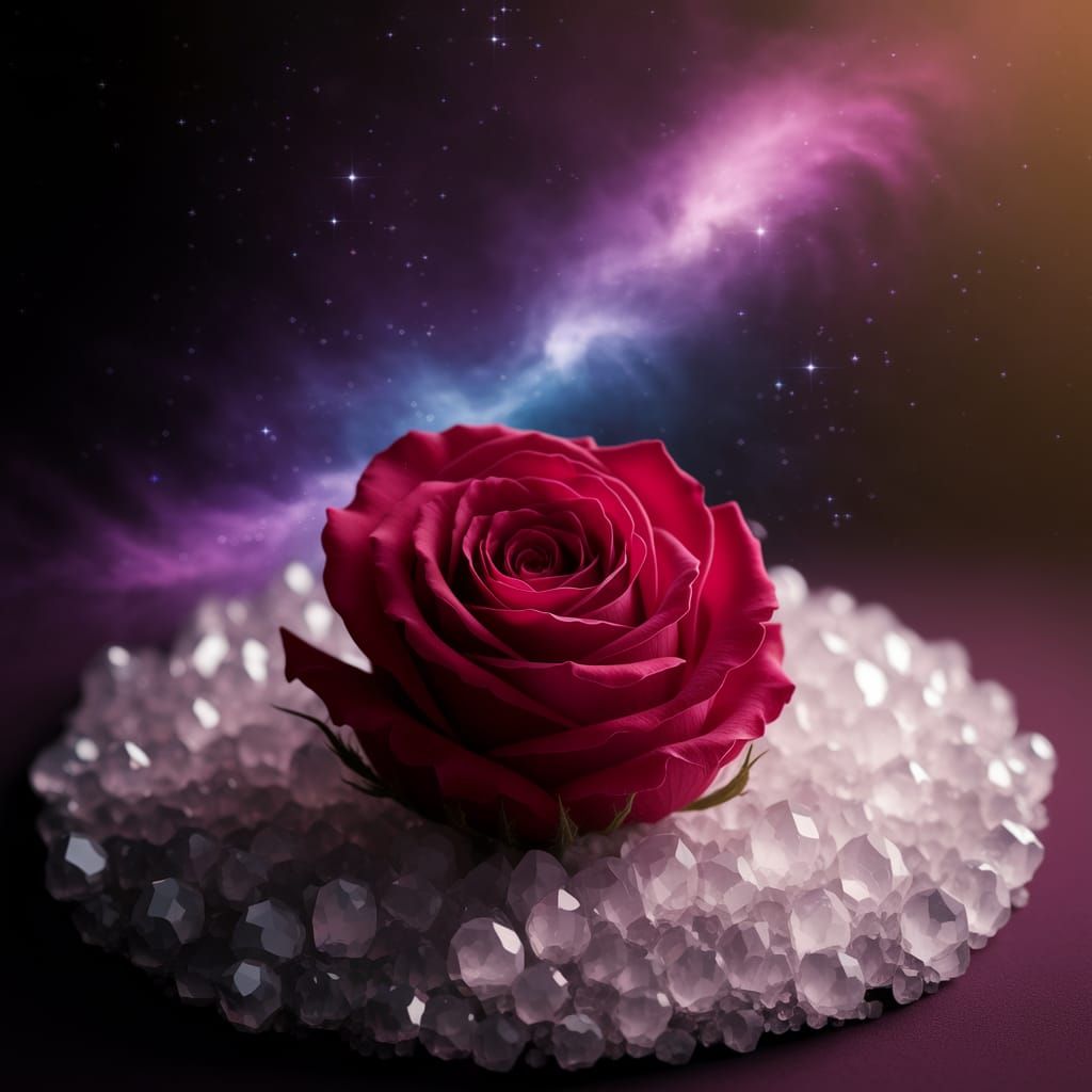 Crimson Rose on Crystal Bed in Cosmic Light