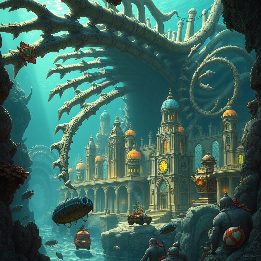Surreal Underwater Metropolis within Ancient Sea Serpent