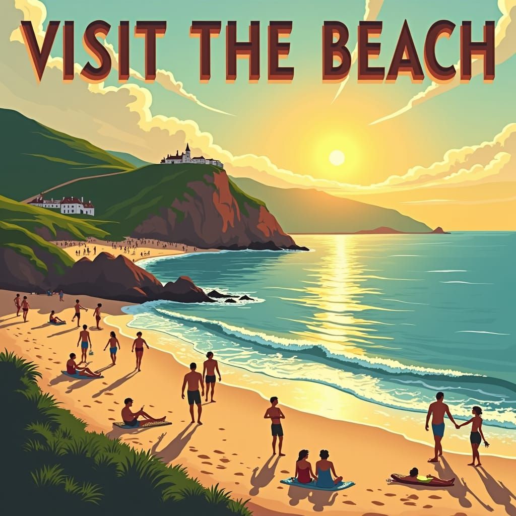 Vintage Railway Poster: Visit the Beach in Art Deco Style