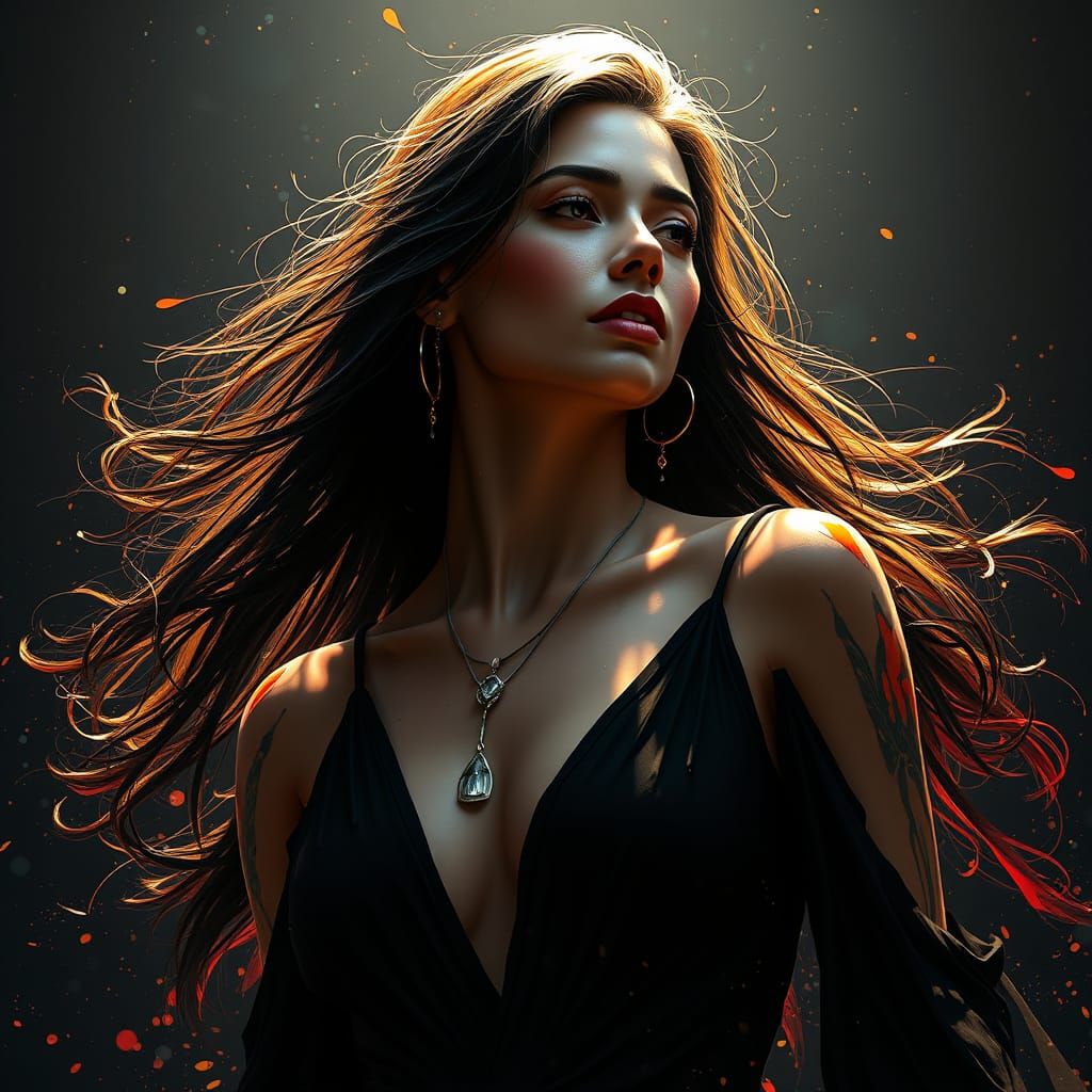 Elegant Woman in Black Dress: Hyperdetailed Portrait
