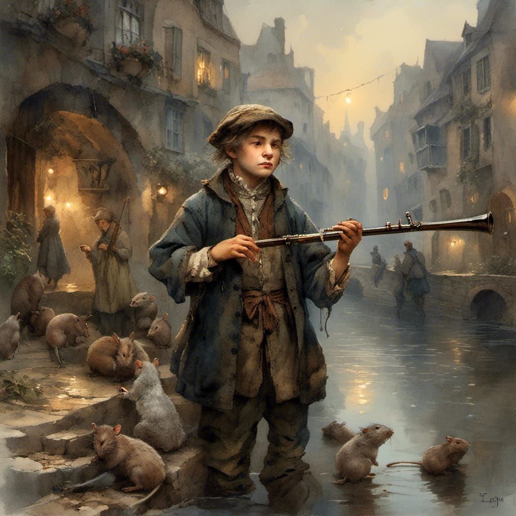 The young flute player plays a simple pipe and rats follow h...