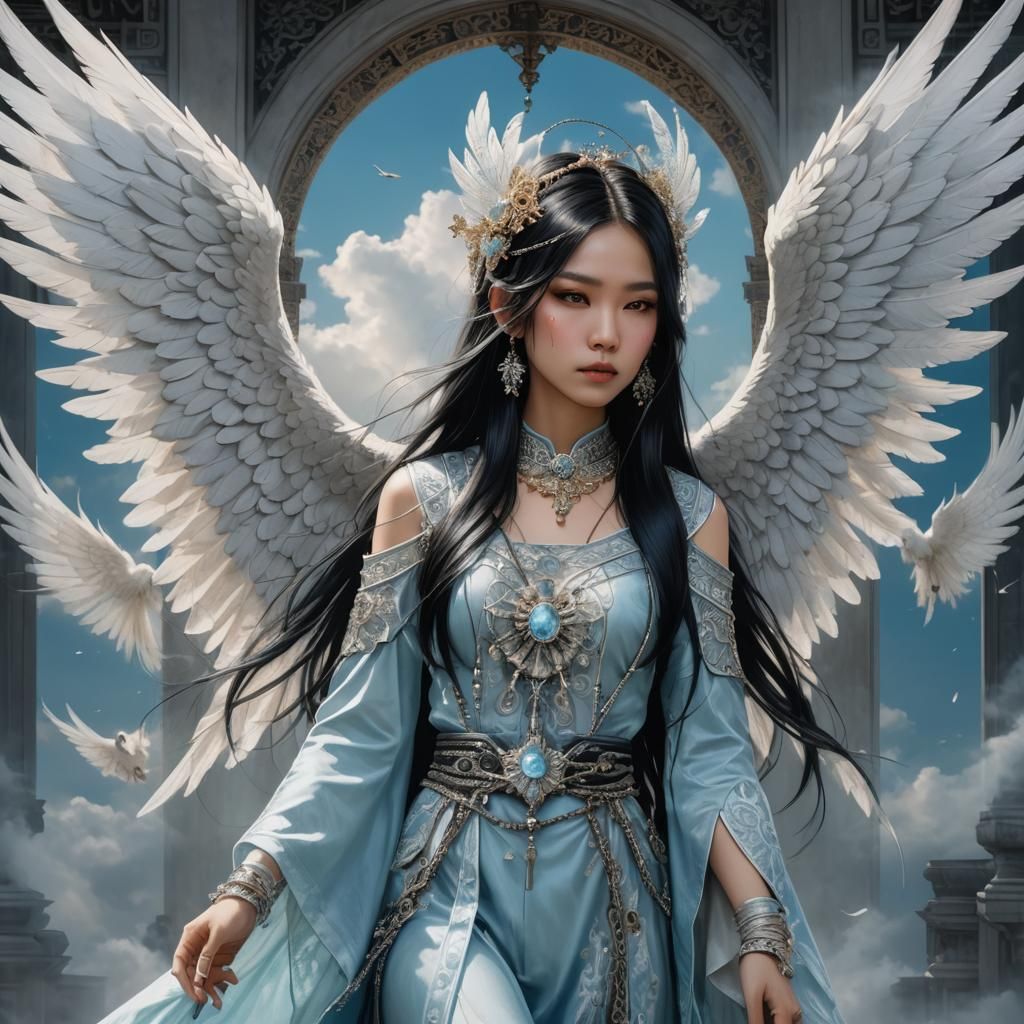 Ethereal Asian Girl with Angel Wings in Dreamy Photo