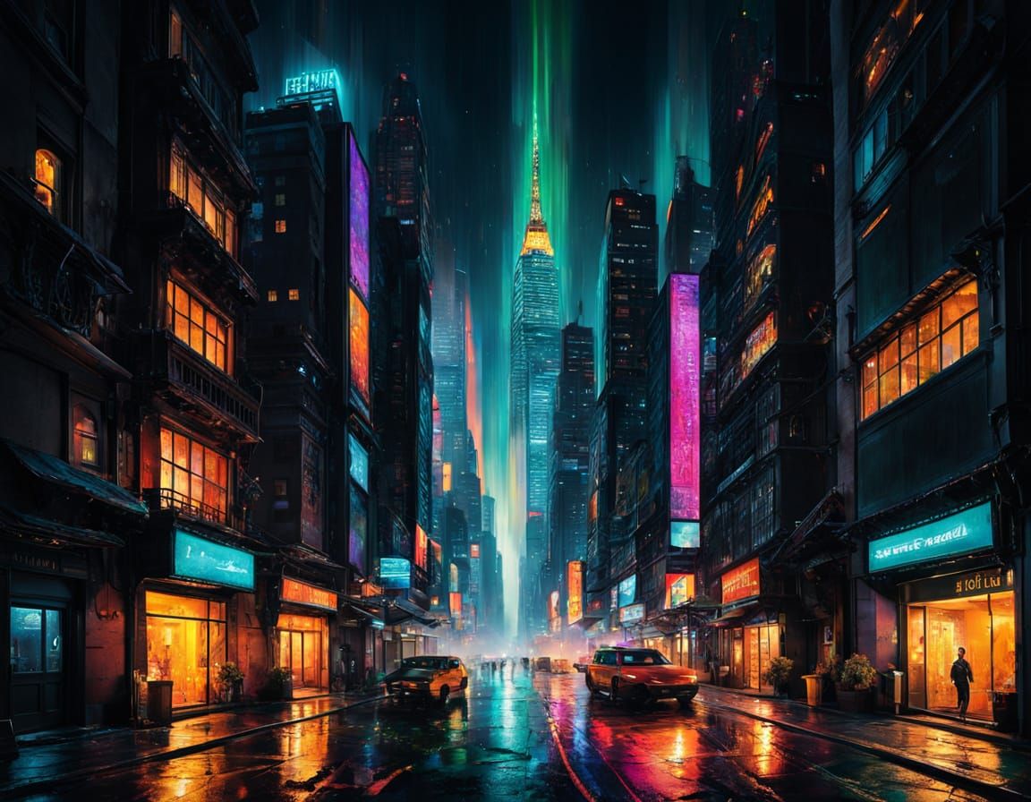 Vibrant Cityscape at Night, Rich in History and Life