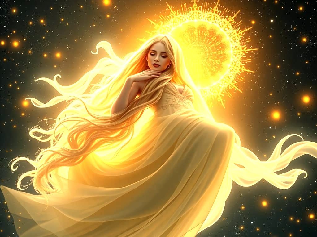 Celestial Goddess Radiates Universal Wisdom in a Dreamy Cosm...
