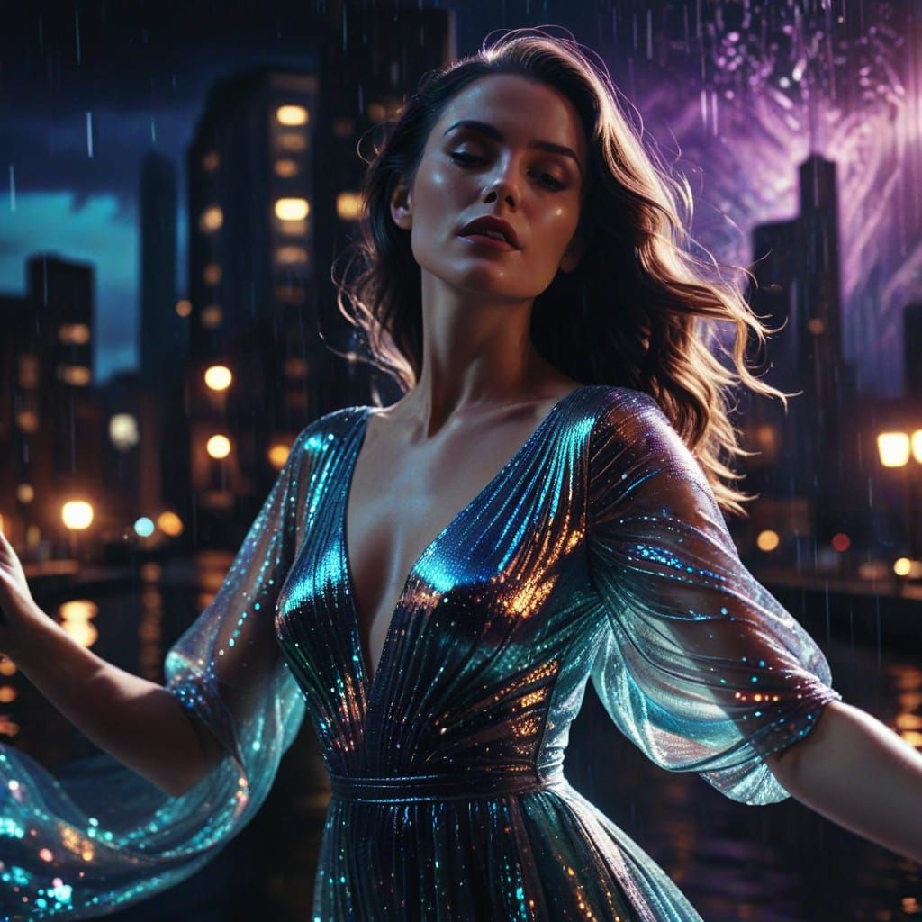 Film Noir: Cosmic Woman Dancing in Neon Cityscape