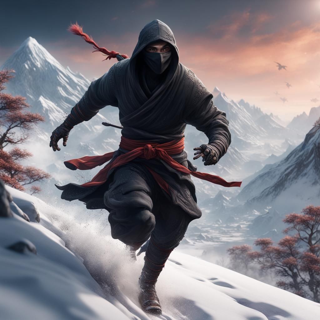 Ninja Leaping off Snowy Mountain in Detailed Matte Painting