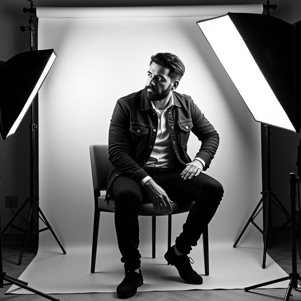 Studio Portrait of Man Posing on Chair