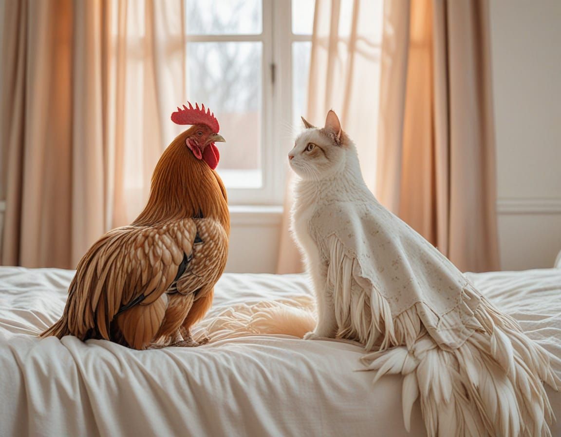 Rooster and Cat Fashion Photo in Pastel Colors