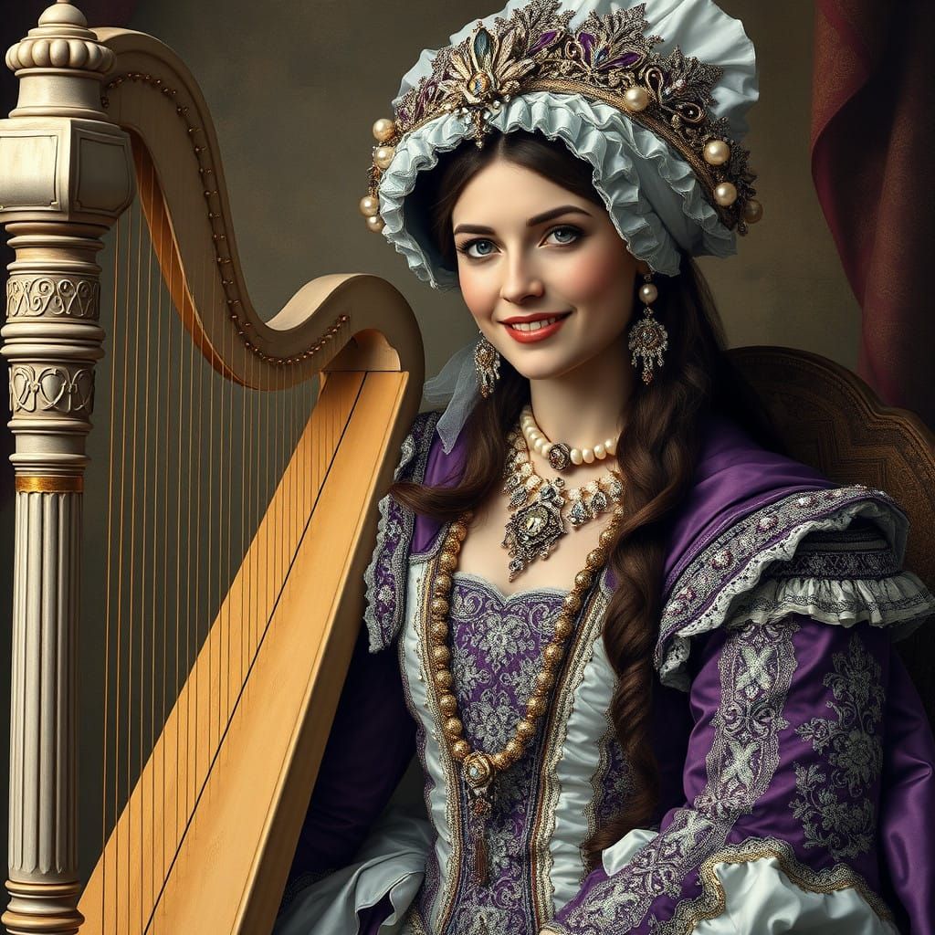A Regal Woman in Lavish Renaissance Attire with Irish Harp