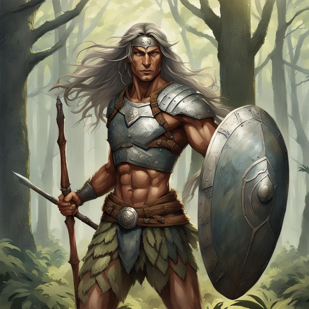 Amazon Warrior with Shield and Spear in Forest