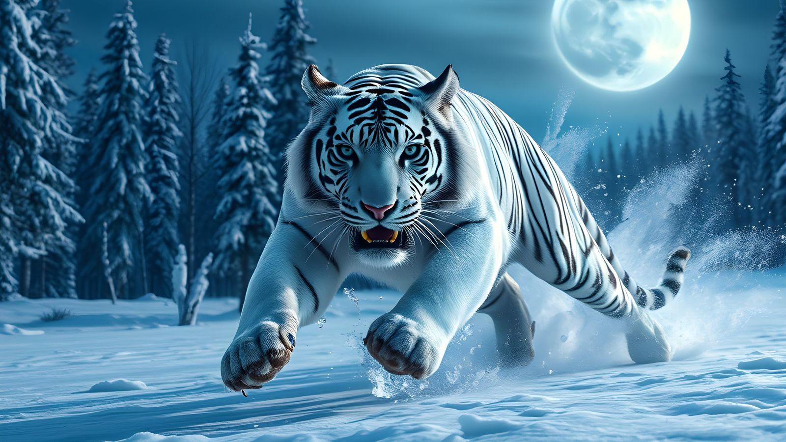 Icy White Tiger Charging Through Frozen Landscape