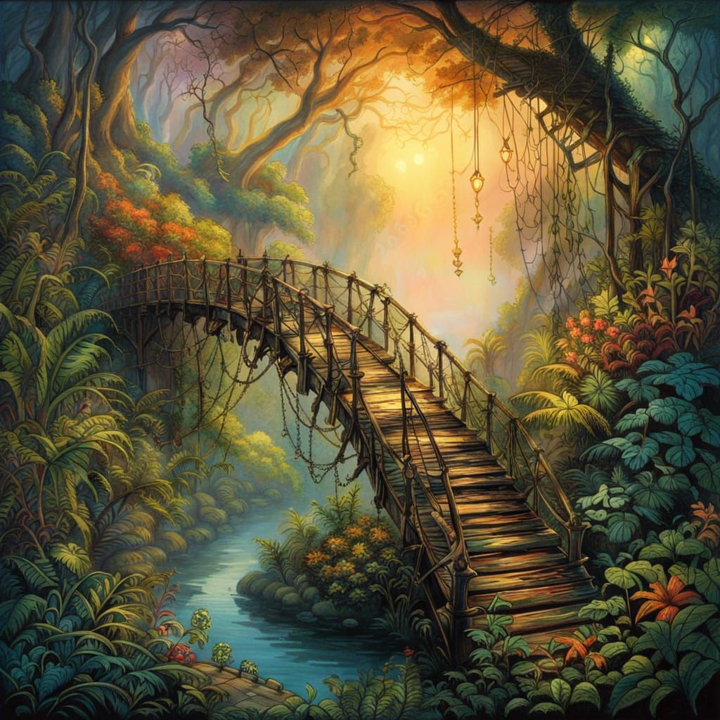 Dreamy Jungle Bridge in Fog, Digital Illustration
