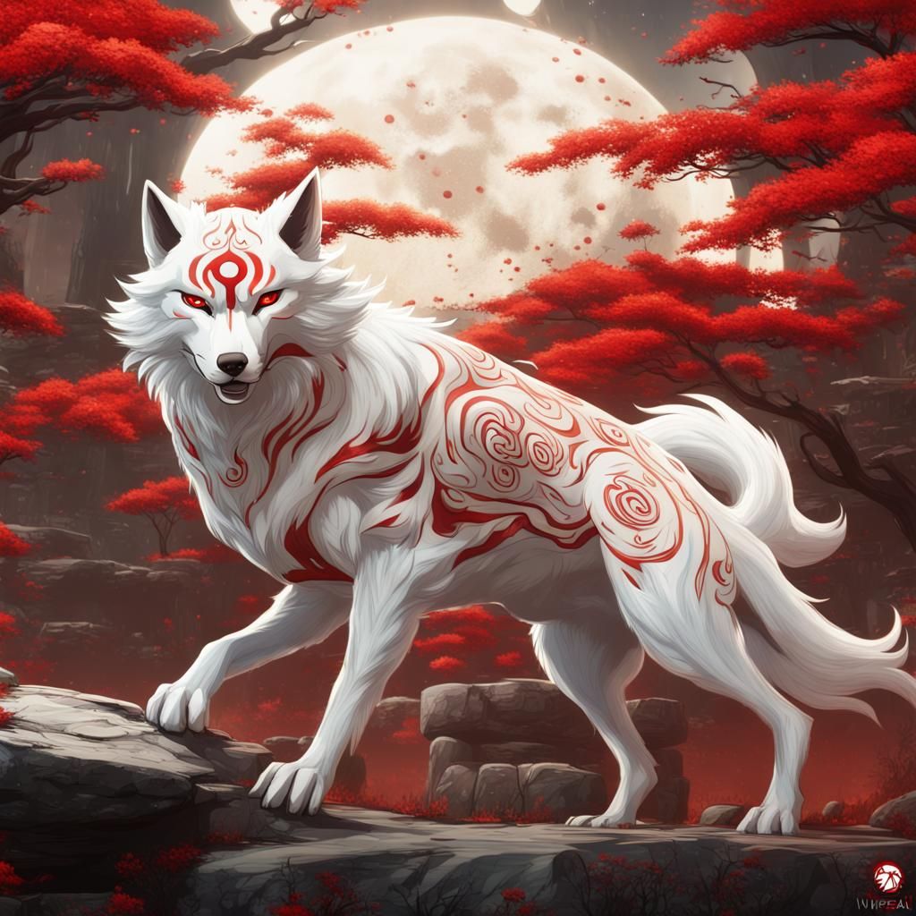Okami Amaterasu White Wolf with Red Markings