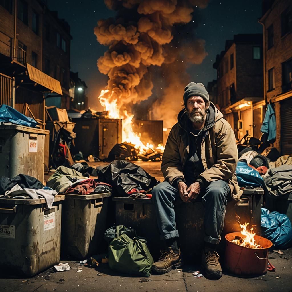 Homeless Man's Night: Fireside Slum Scene