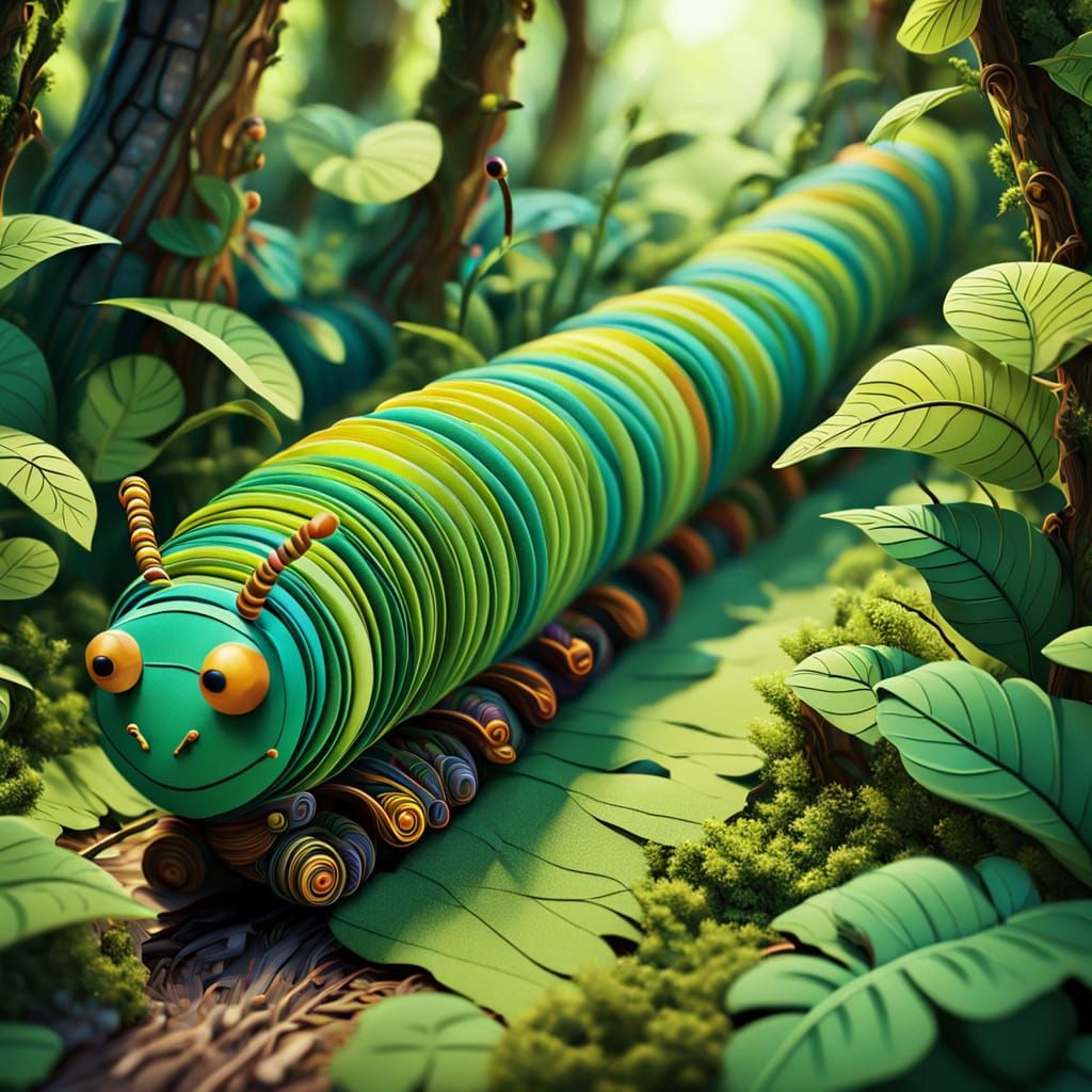 Vibrant Paper Caterpillar in Lush Forest: Pop Art