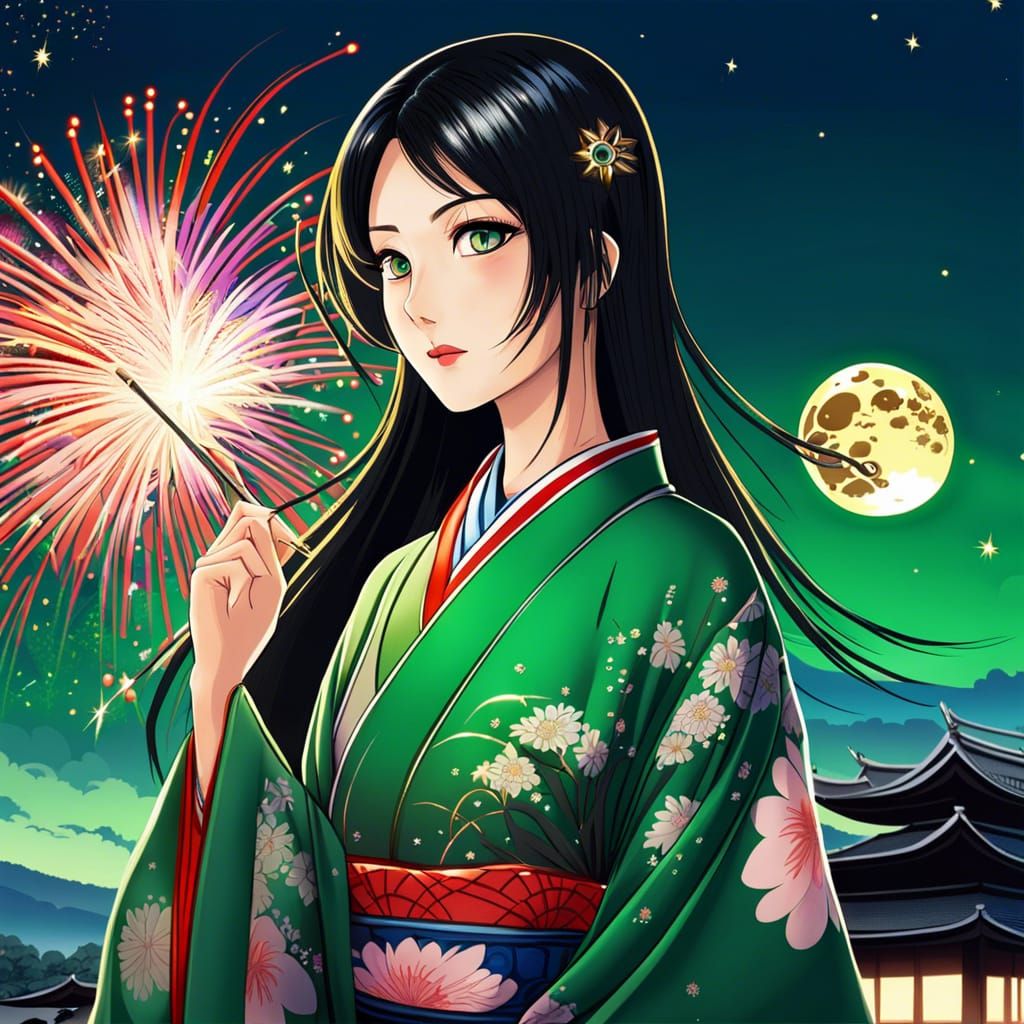 Anime Woman in Kimono Under Fireworks