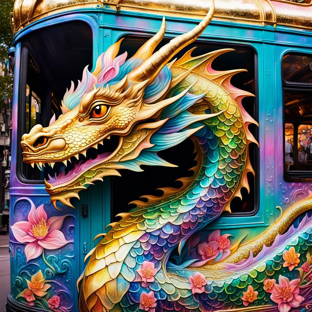 Iridescent Dragon in Golden Coach: Street Art
