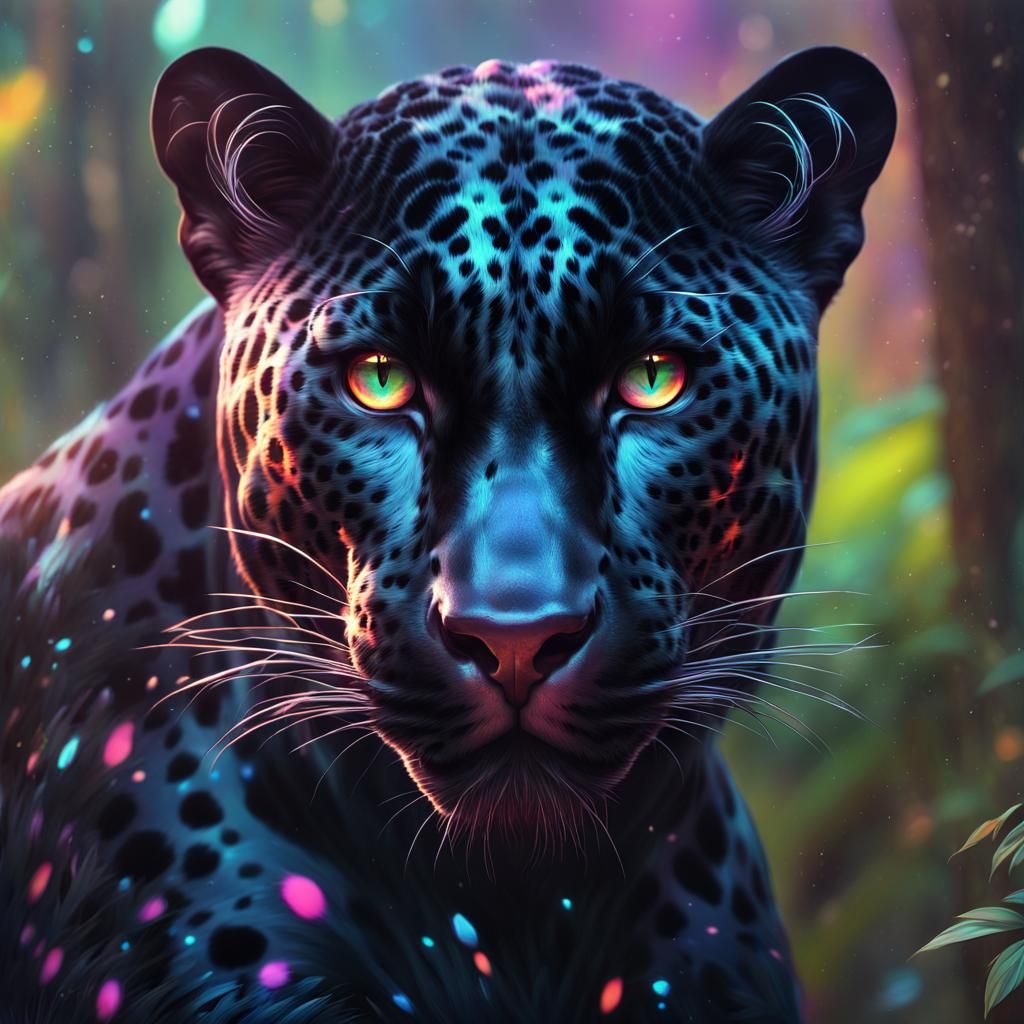 Dreamy Black Jaguar Portrait with Galactic Eyes