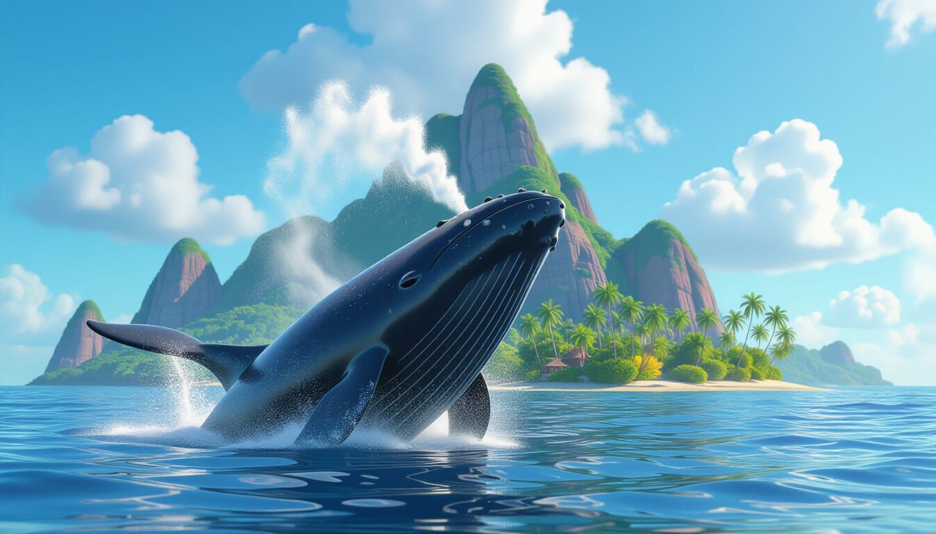 Whale Creates Water Fountain Near Tropical Island