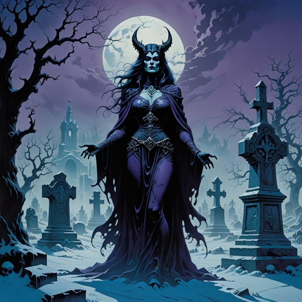 Evil Necromancer in Winter Graveyard, Frazetta Style