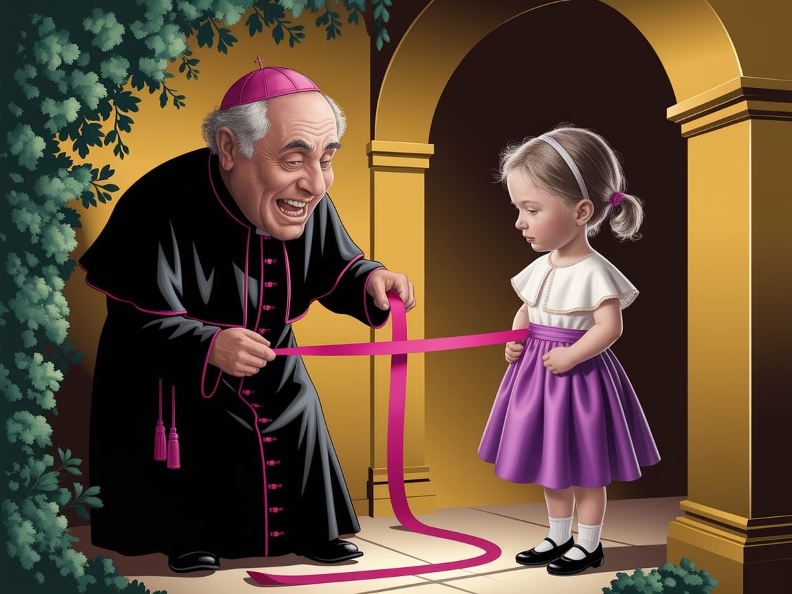 Grotesque Satirical Priest Measures Waist in Whimsical Caric...