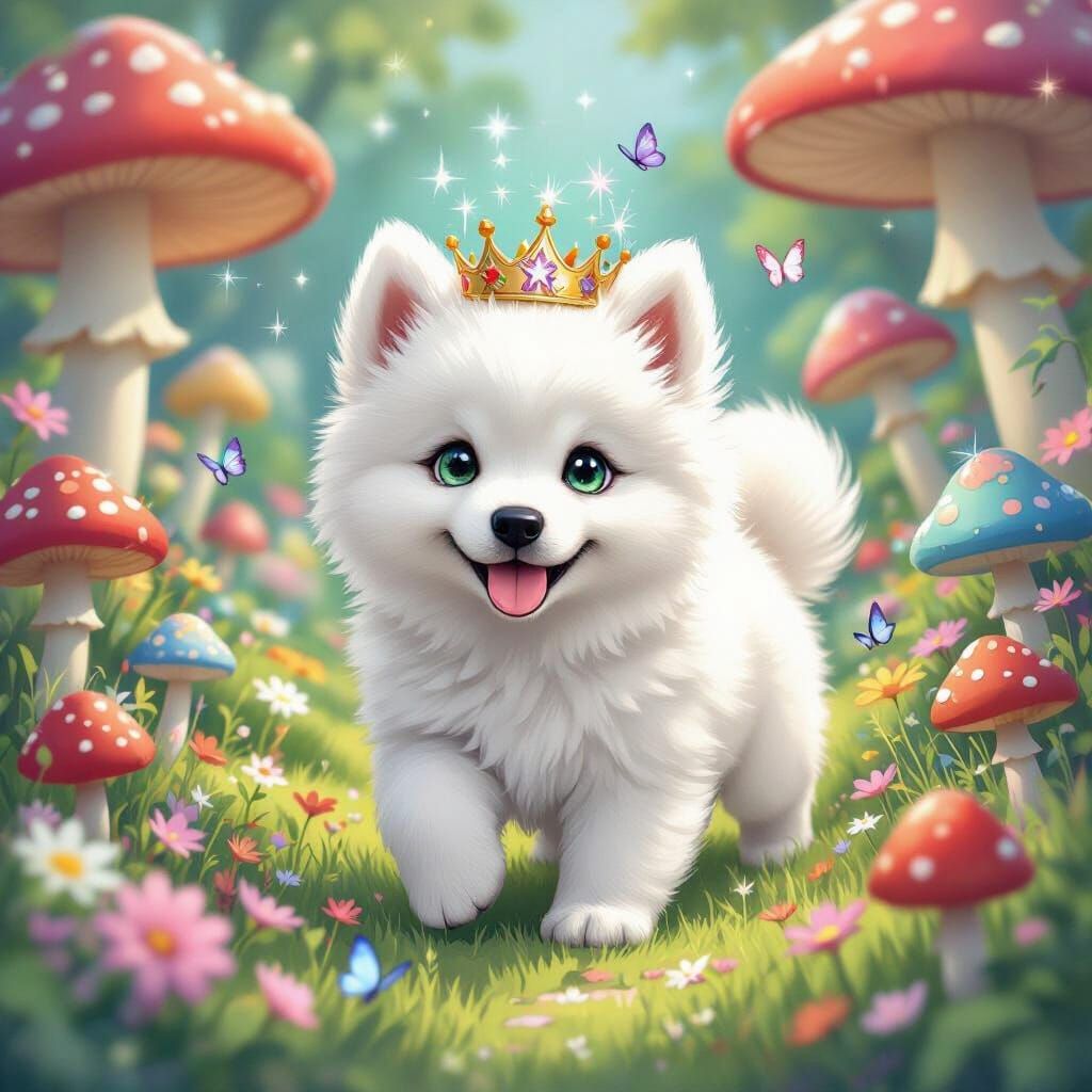 Samoyed Puppy's Magical Garden Adventure in Whimsical Style