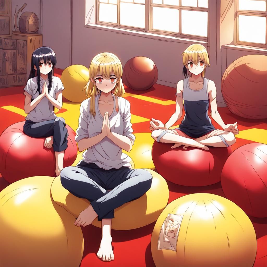Anime Girls on Yoga Balls in Manga Style
