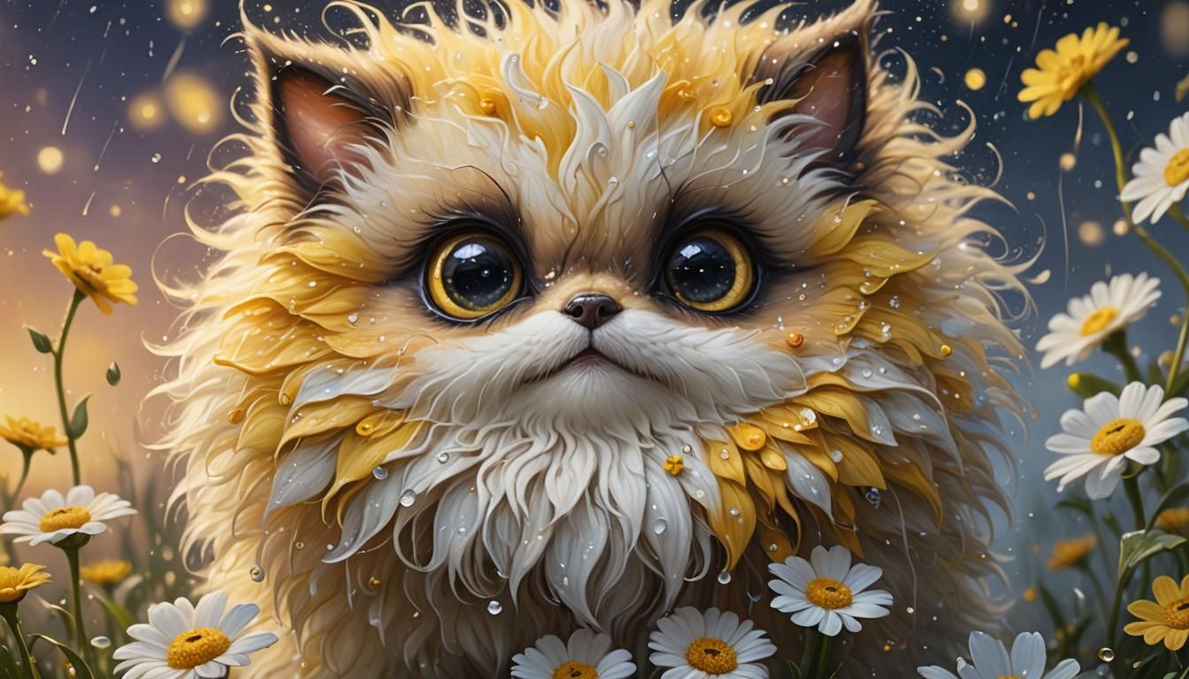 Cute Fluffy Creature in a Flower Rain
