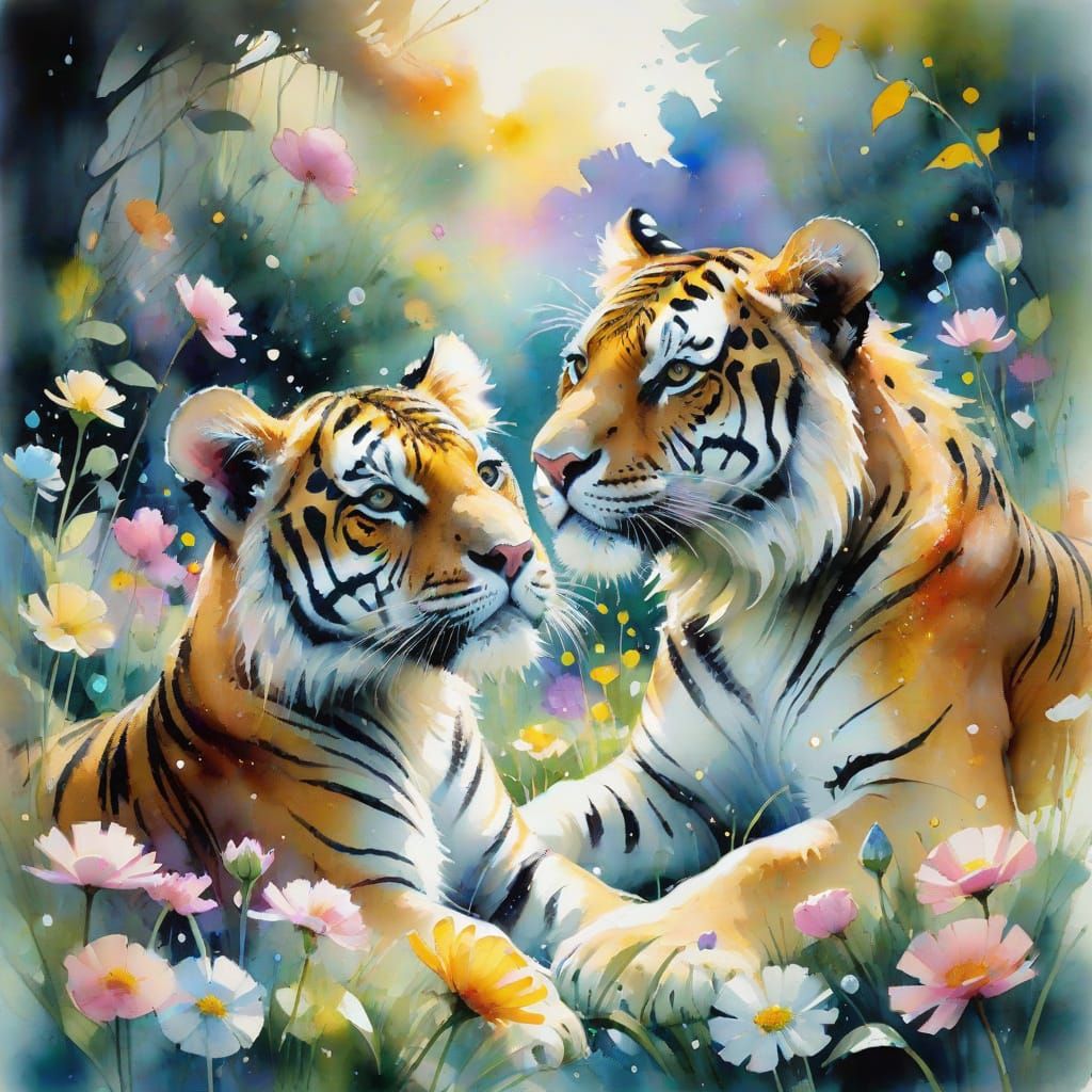 Whimsical Watercolor Tiger Cubs in a Vibrant Spring Garden