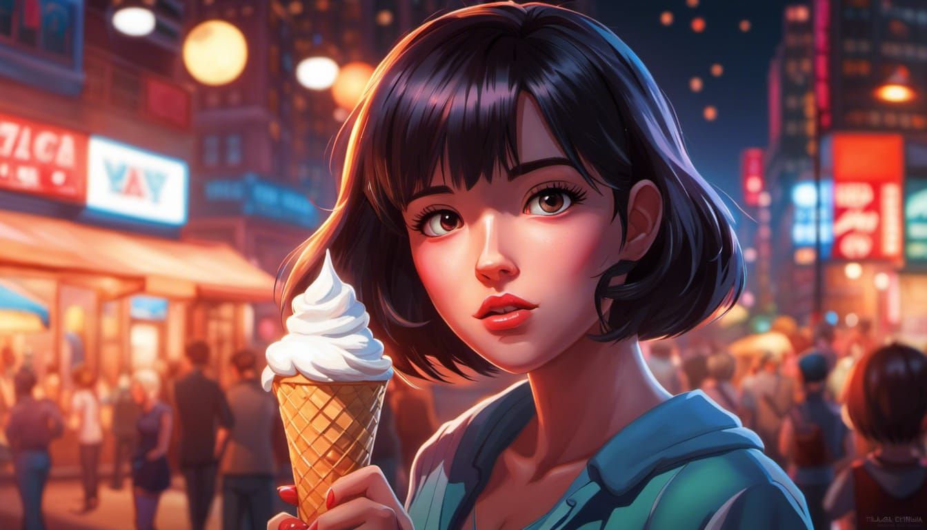 Anime Girl Eating Ice Cream Cone at Night