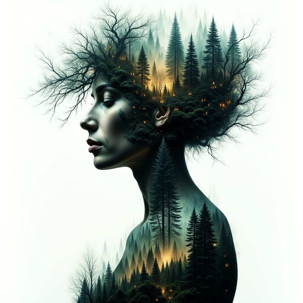 Double Exposure: Woman with Magical Woodland Hair