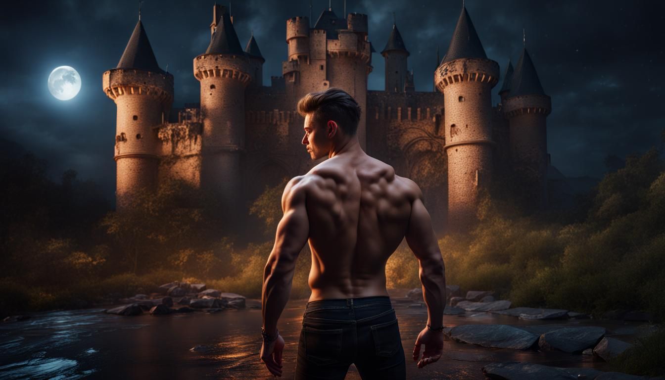 Hyper Realistic handsome young shirtless muscular men kissin...