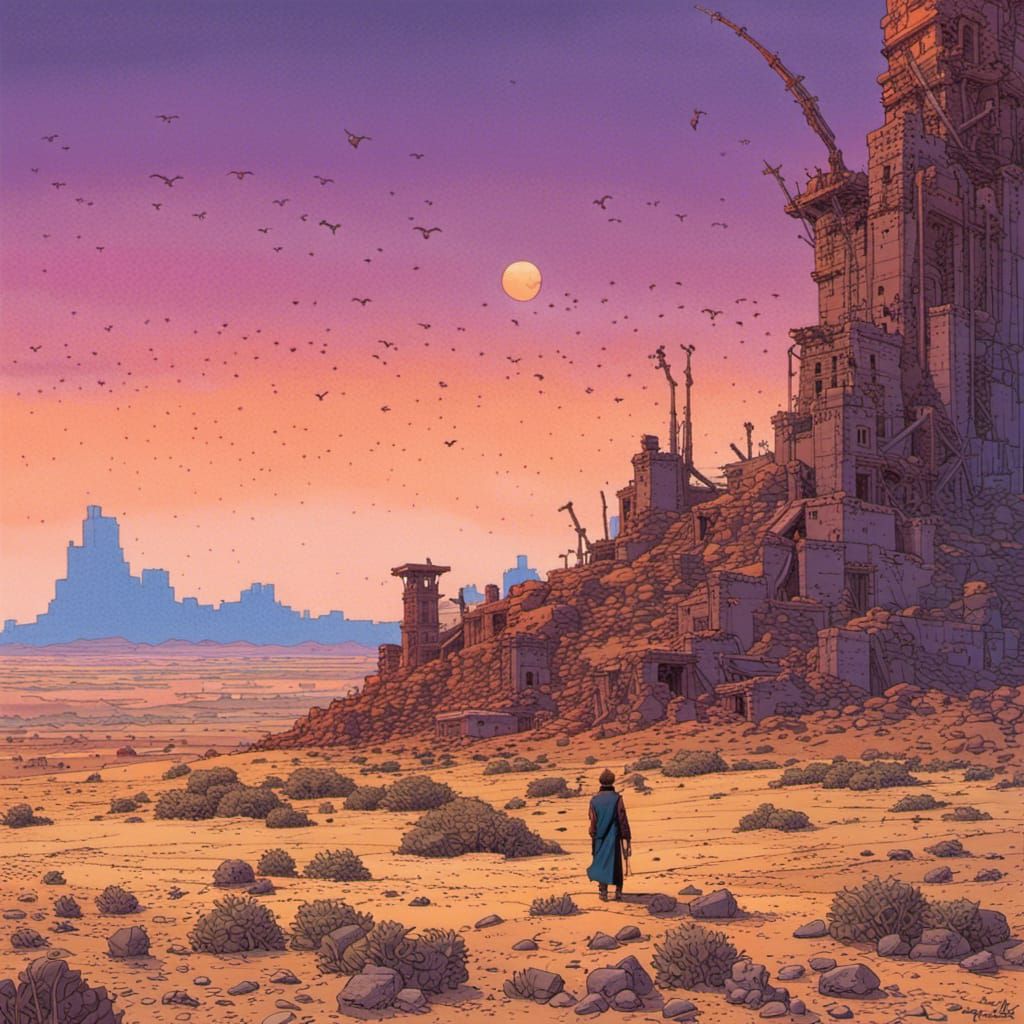 Twilight Desert Ruins in Ligne Claire Style