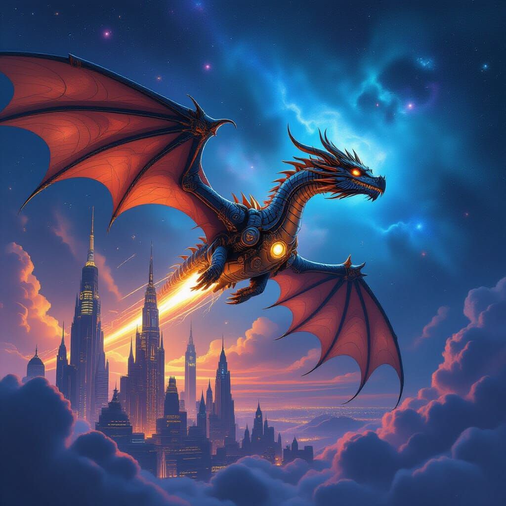 Clockwork Dragon Soaring Over Steampunk Cityscape