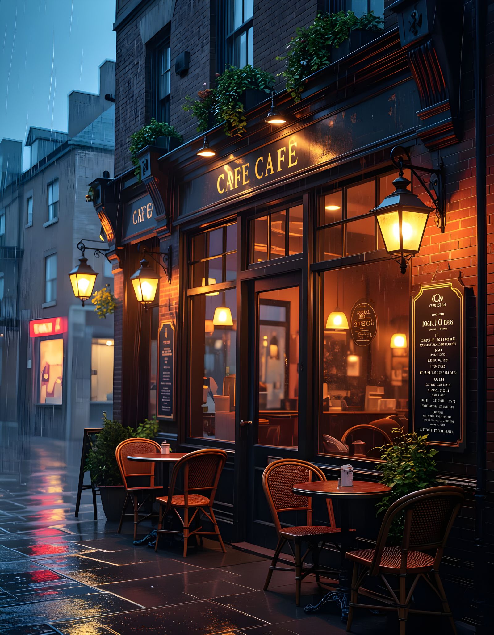 Cozy Cafe Exterior Under Vintage Lanterns on Rainy Night