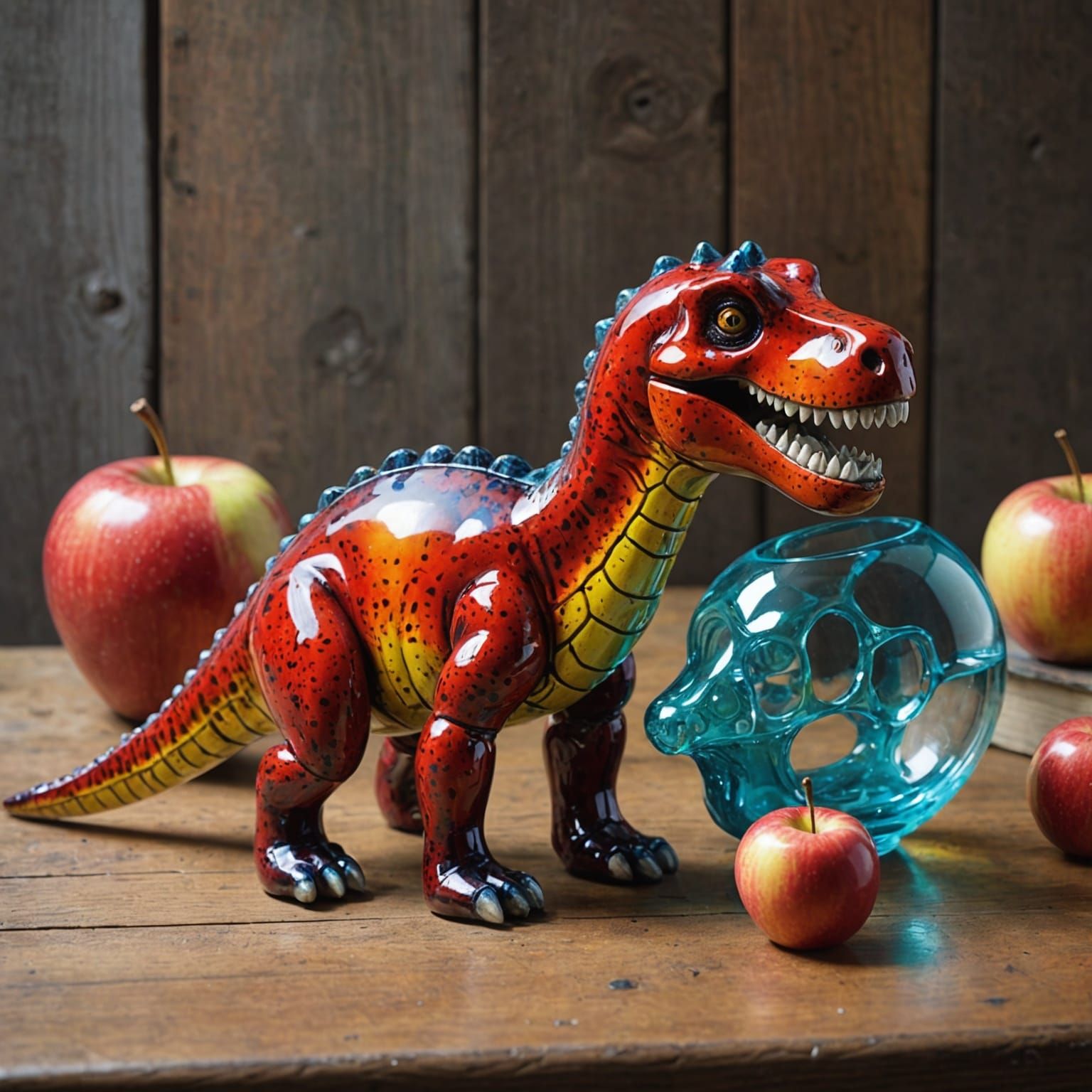 Art Glass Still Life with Dinosaur and Apple