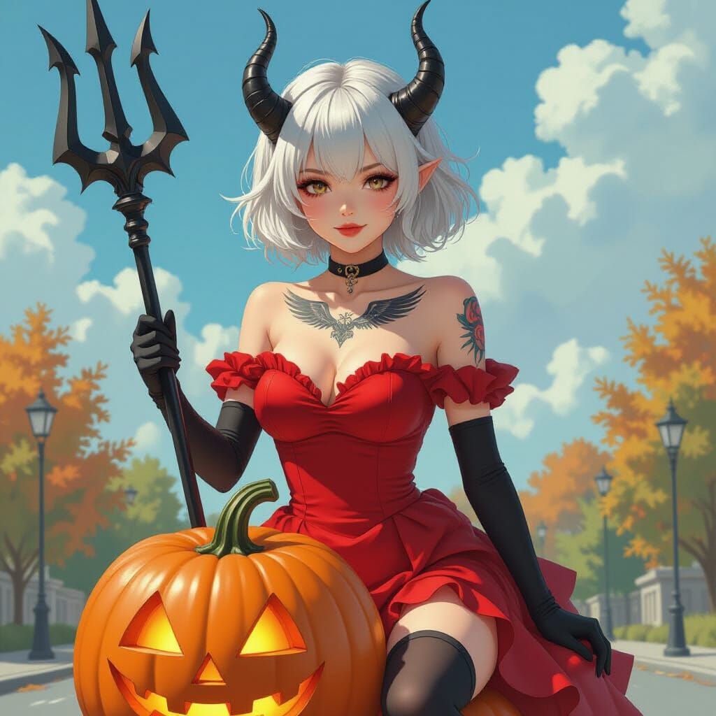 Emo Woman Riding Pumpkin with Trident, Anime Style