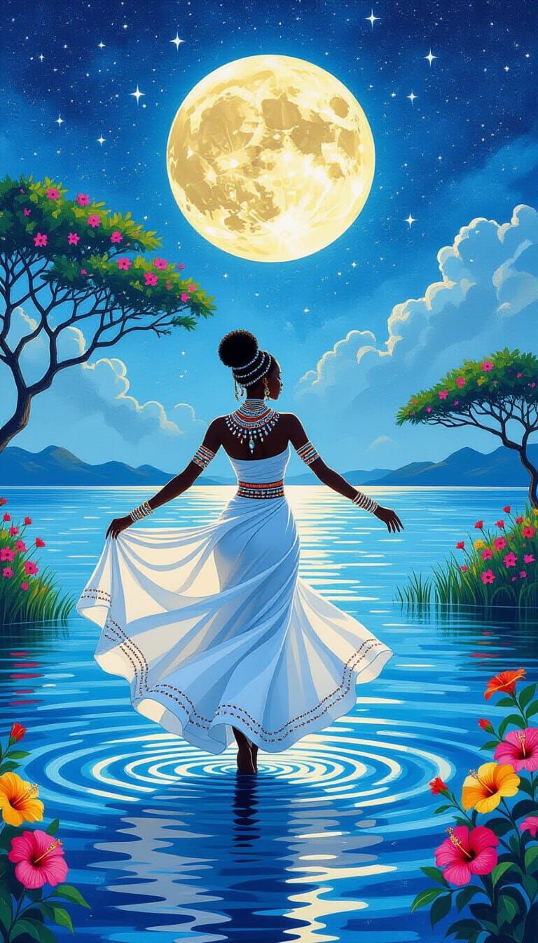 Woman Dancing on Lake Victoria in Afrofuturist Style