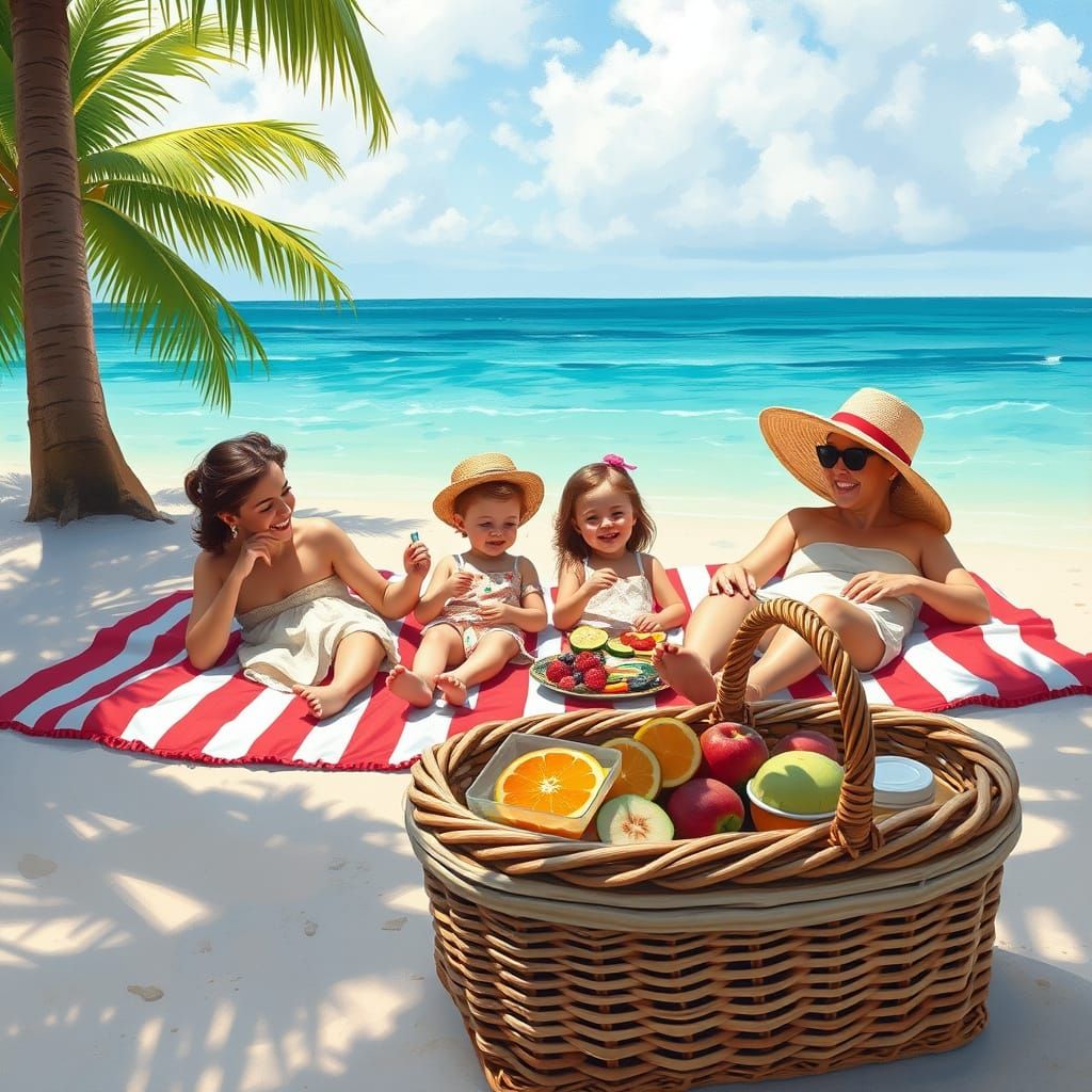 Whimsical Summer Family Beach Scene with Vibrant Colors and ...