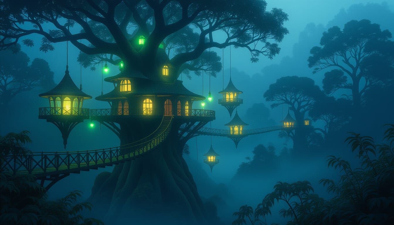 Bioluminescent Treehouse Village in Mist