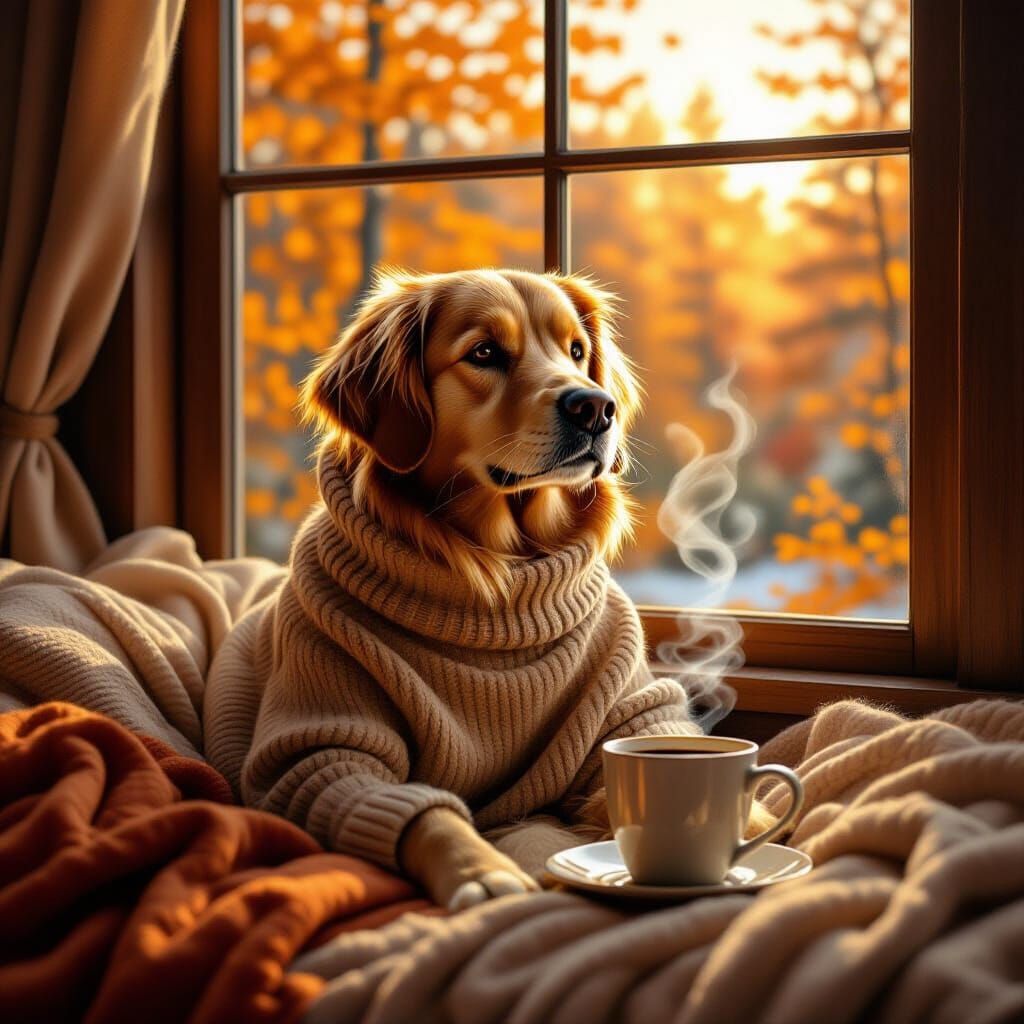 Golden Retriever with Coffee by Autumn Forest Window