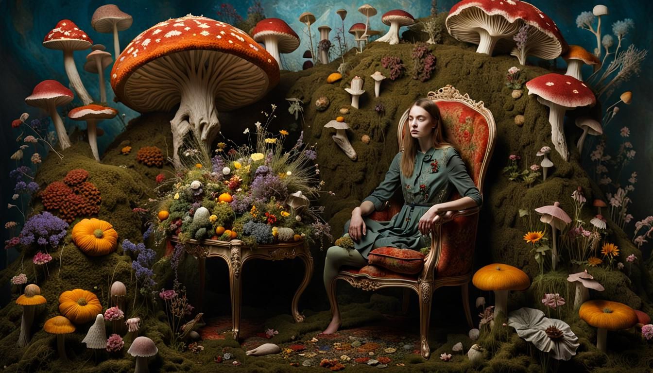 Celestial Fungi Hunter in Surreal Flower Chair
