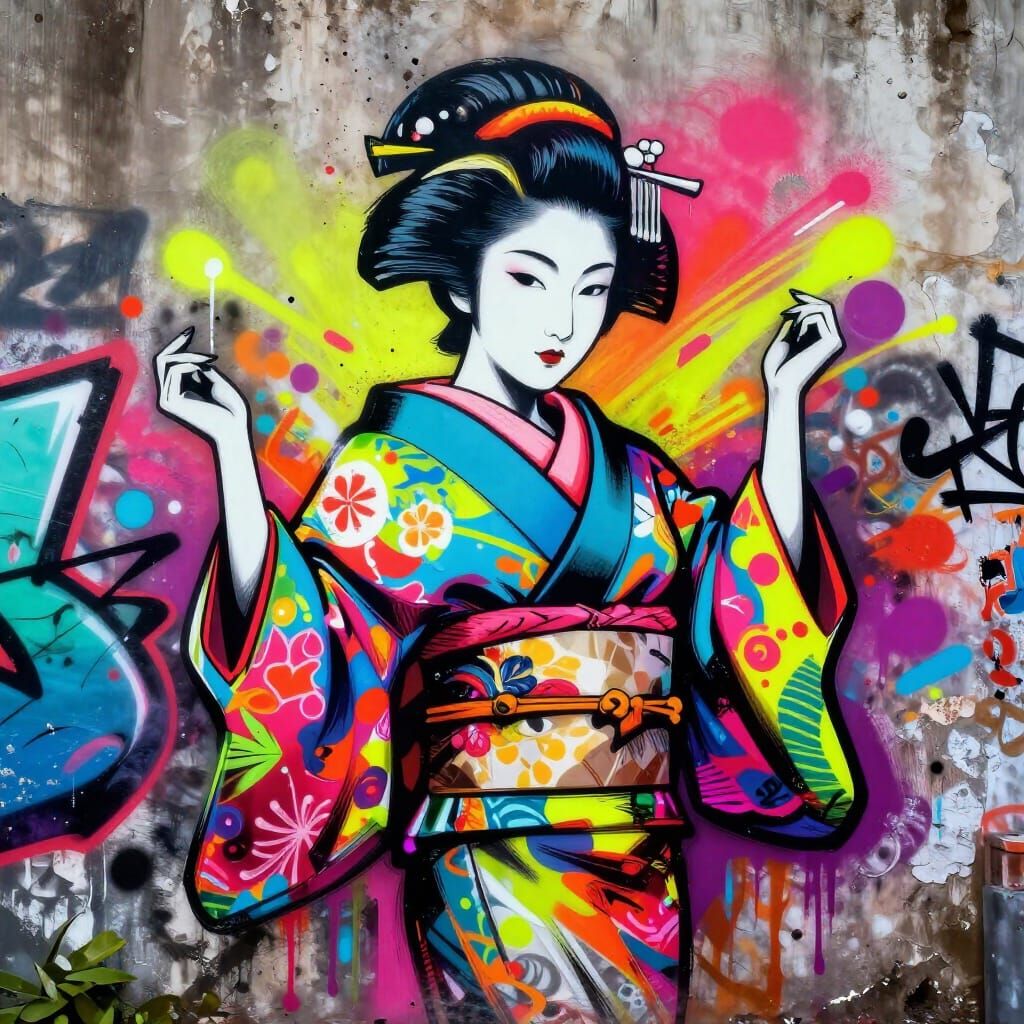 Graffiti Geisha Portrait with Neon Accents in Urban Style