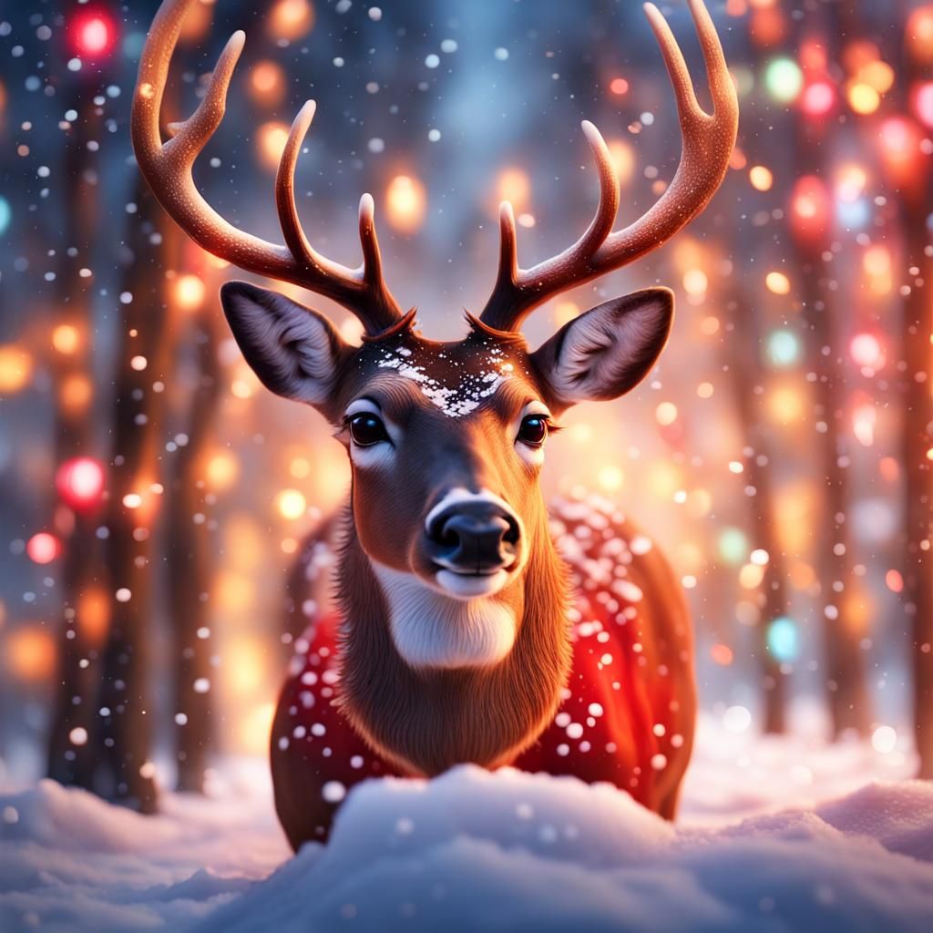 Hyperrealistic Deer with Red Nose in Liquid Art