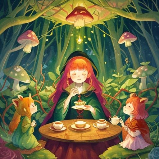 Red Panda Witch Brews Tea in Enchanted Forest