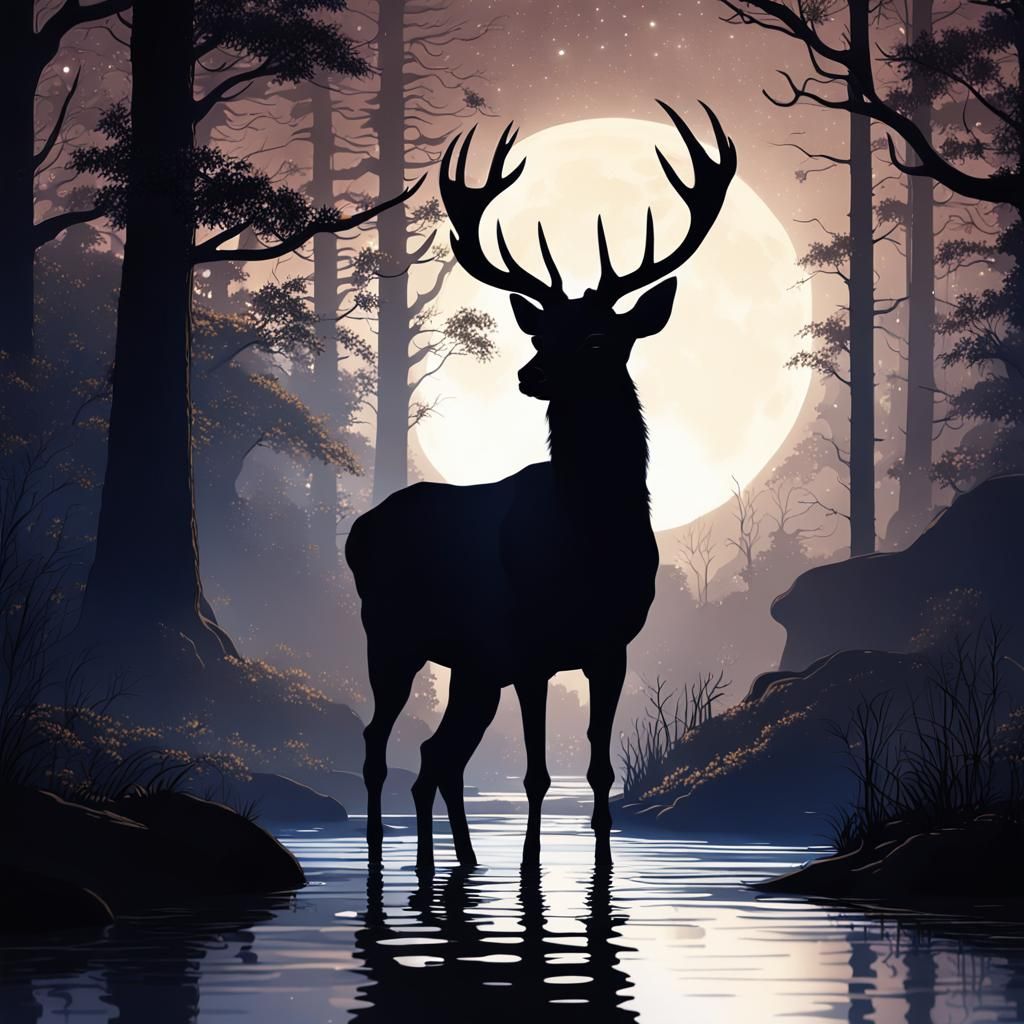 Moonlit Deer Silhouette in Dark Forest
