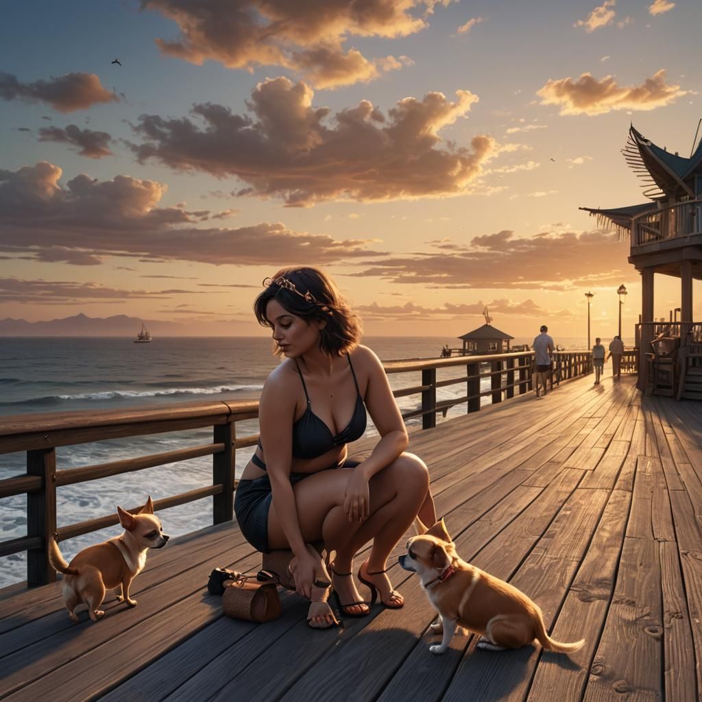 Woman and Chihuahua on Boardwalk at Sunset